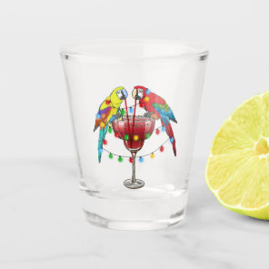 Colorful Macaw Parrots Drinking Red Wine Shot Glass