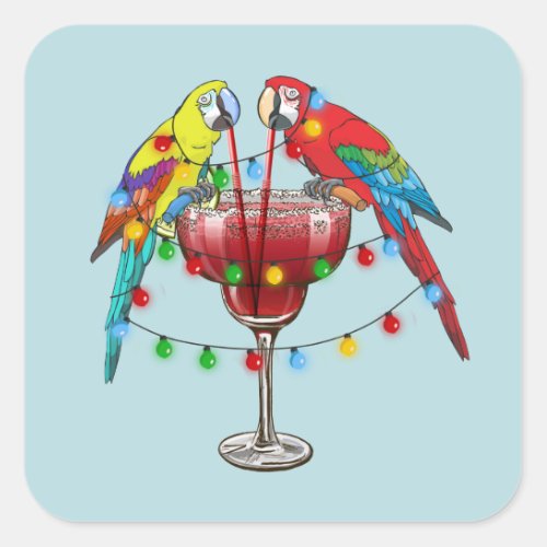 Colorful Macaw Parrots Drinking Red Wine Square Sticker