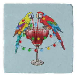 Colorful Macaw Parrots Drinking Red Wine Trivet