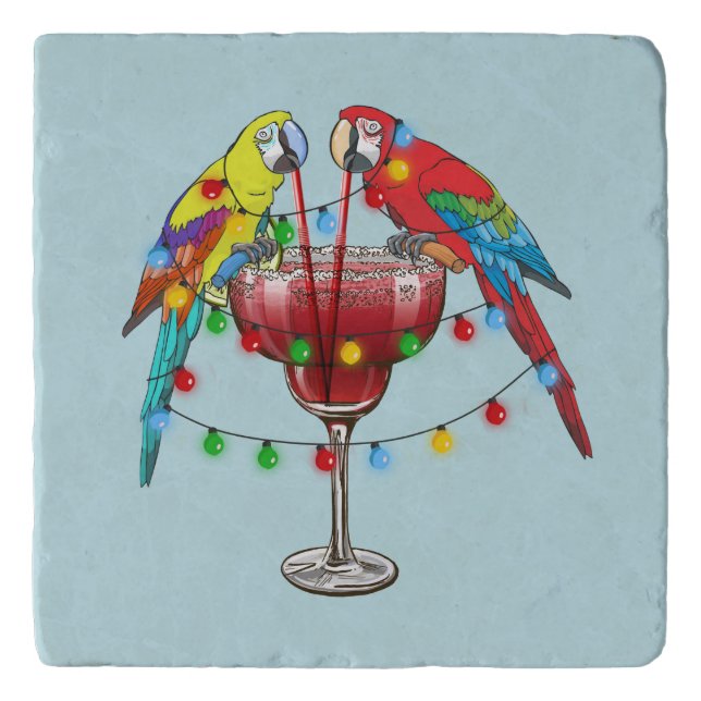 Colorful Macaw Parrots Drinking Red Wine Trivet (Front)