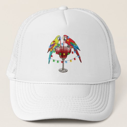 Colorful Macaw Parrots Drinking Red Wine Trucker Hat