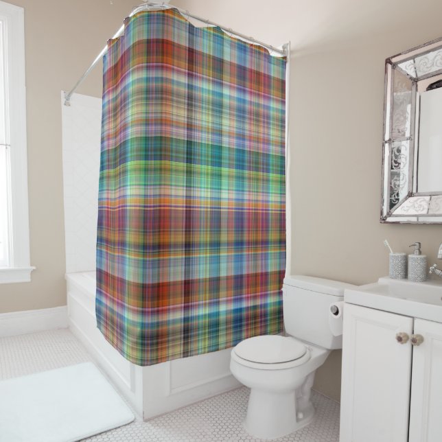 Colorful Madras Plaid Stripe Pattern Shower Curtain (In Situ)