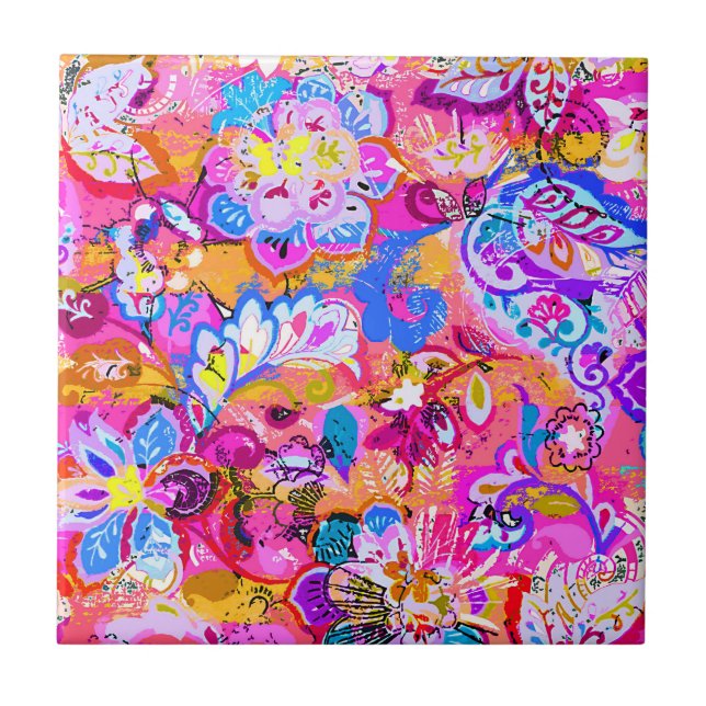 Colorful magic abstract floral ceramic tile (Front)