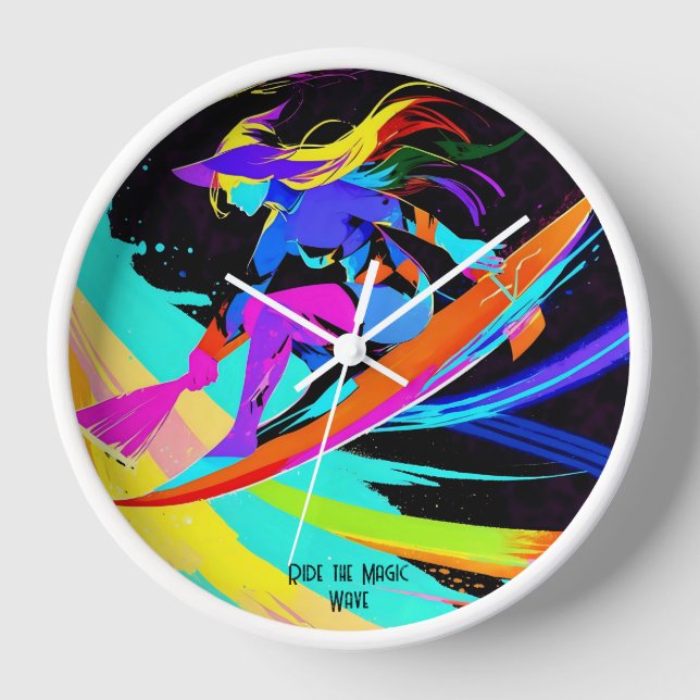 Colorful Magical Abstract Surfing Witch Clock (Front)