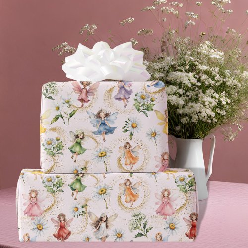 Colorful Magical Cute Floral Fairies Gold Glitter Wrapping Paper
