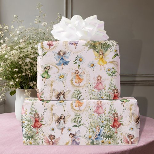 Colorful Magical Cute Floral Fairies Gold Glitter Wrapping Paper