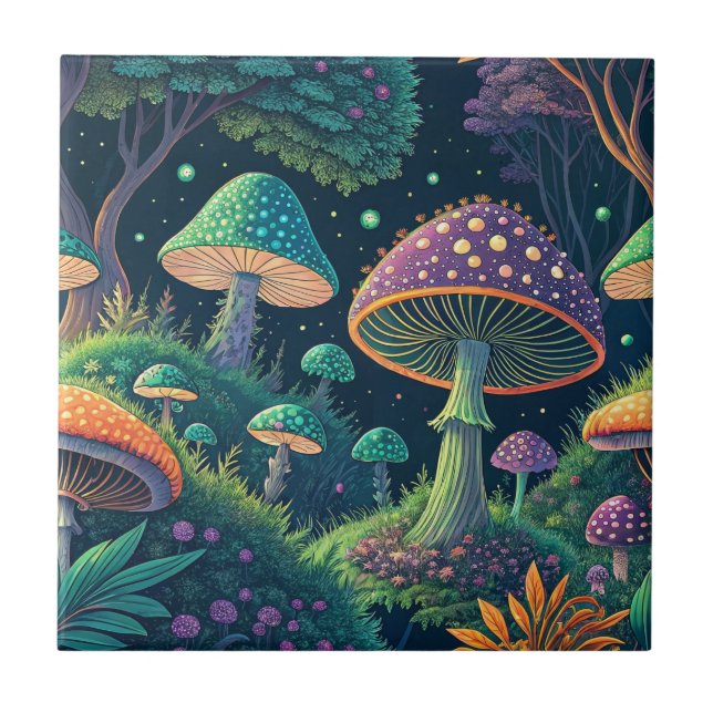Colorful Magical Fantasy Mushroom Forest Pattern Ceramic Tile (Front)