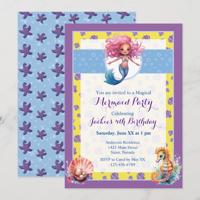 Colorful Magical Mermaid Birthday Party Invitation (Front/Back)