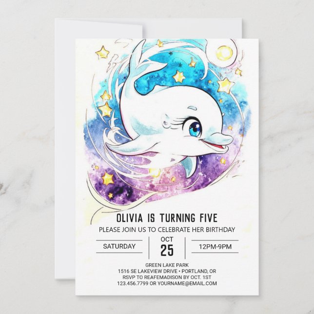 Colorful Magical Nautical Dolphin Birthday Invitation (Front)