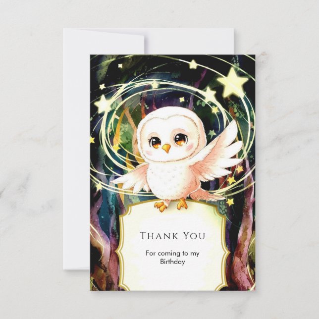 Colorful Magical Owl Birthday Thank You Card (Front)