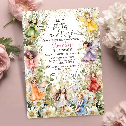 Colorful Magical Pixie Fairy Floral Girls Birthday Invitation