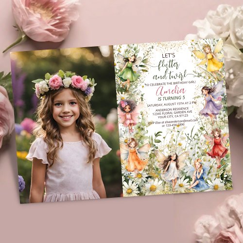 Colorful Magical Pixie Fairy Floral Photo Birthday Invitation
