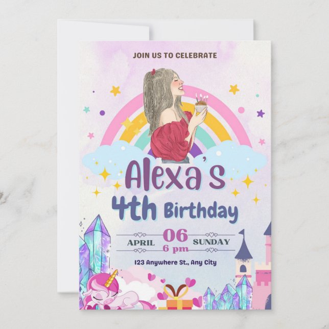 Colorful Magical Rainbow Girls Birthday Party  Invitation (Front)