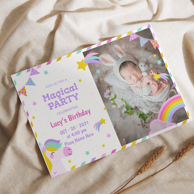 Colorful Magical Unicorn with photo Invitation (Capture the joy of your special day with our charming Hand-drawn Emoji Photo Birthday Party Invitati)