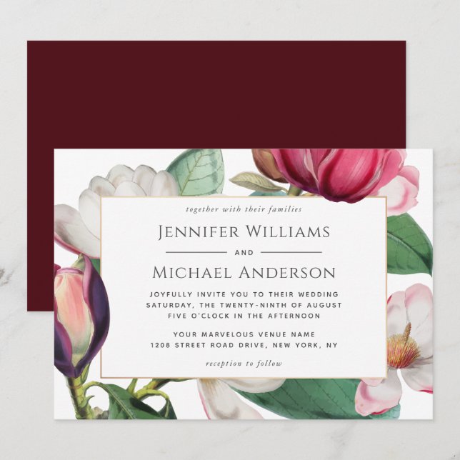 Colorful Magnolia Blossoms Elegant Floral Wedding Invitation (Front/Back)