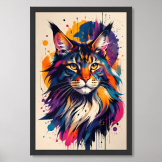 Colorful maine coon cat portrait digital art style framed art