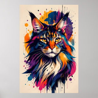 Colorful maine coon cat portrait digital art style poster