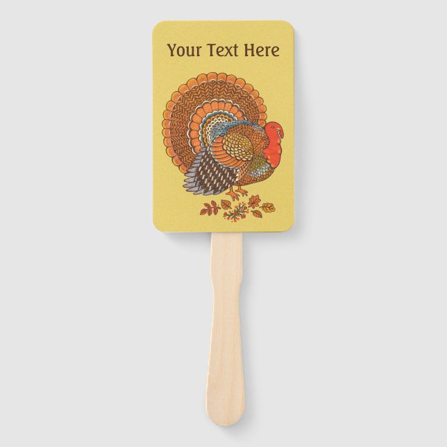 Colorful Male Turkey Big Tail Leaves Yellow Hand Fan (Front)