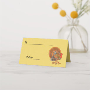 Colorful Male Turkey Spread Tail in Leaves Yellow Place Card