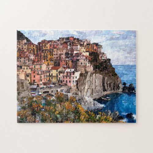 Colorful Manarola Cinque Terre Watercolor Art Jigsaw Puzzle