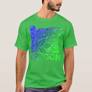 Colorful mandala art map of Oregon with text in bl T-Shirt