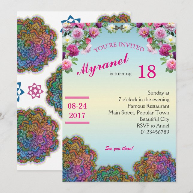 Colorful Mandala Birthday Invitation with flowers (Front/Back)