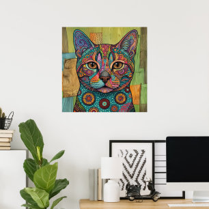 Colorful Mandala Cat Portrait Vibrant Wall Art