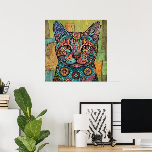 Colorful Mandala Cat Portrait Vibrant Wall Art (Home Office)