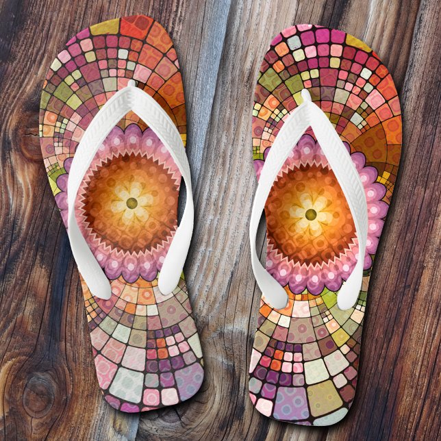 Colorful Mandala Creative Mosaic Flip Flops (Colorful artistic boho flip flops in a mandala mosaic style.)