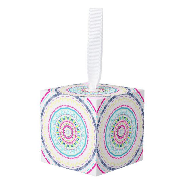colorful mandala cube ornament (Front Angled)