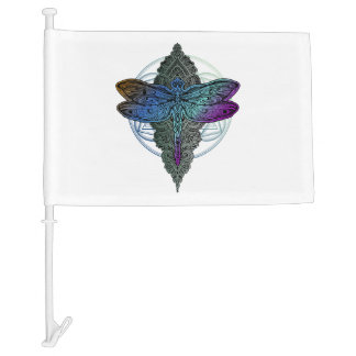 Colorful Mandala Dragonfly Lotus Flower Tee Car Flag