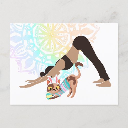 Colorful Mandala Easter Yoga Girl and Cat Holiday Postcard