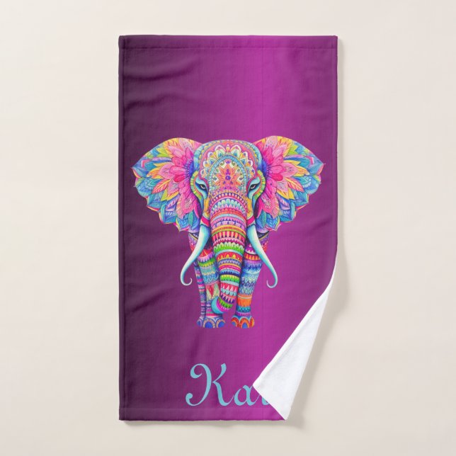 Colorful Mandala Elephant with Customized Name Bath Towel Set (Hand Towel)