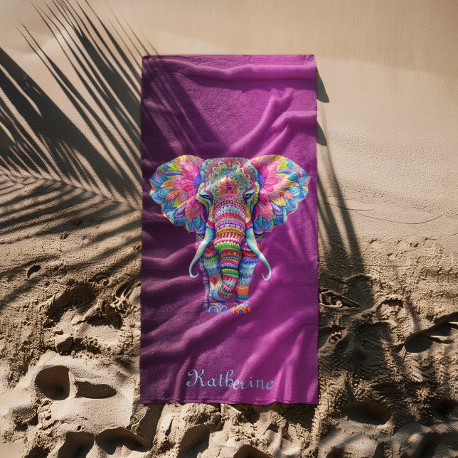 Colorful Mandala Elephant with Customized Name Beach Towel (Creator Uploaded)