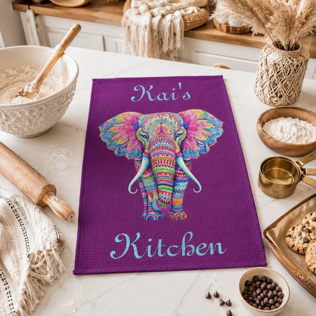 Colorful Mandala Elephant with Customized Name Kitchen Towel (Creator Uploaded)