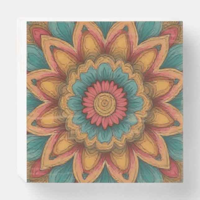 Colorful Mandala Floral Boho Art Wooden Box Sign (Front Horizontal)