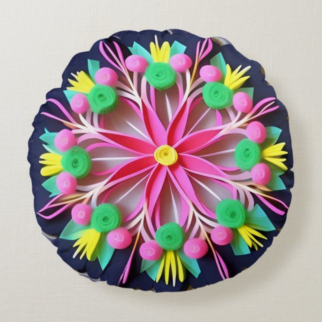 Colorful Mandala Flower Round Pillow (Front)