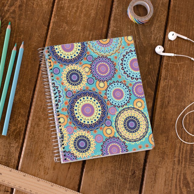 Colorful Mandala Geometric Pattern  Notebook (Colorful mandala geometric spiral notebook with vibrant teal, purple, and boho medallion design.)