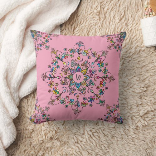 Colorful Mandala Monogrammed Throw Pillow