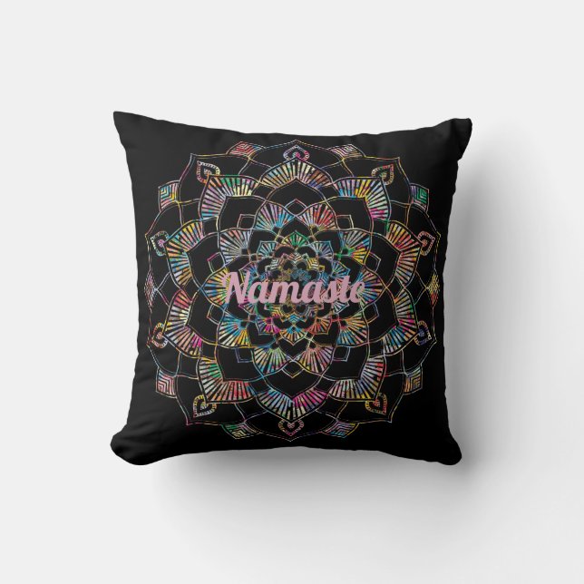 Colorful Mandala Namaste Black Throw Pillow (Front)