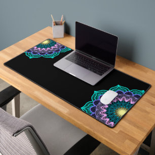 Colorful Mandala on Black Background Desk Mat