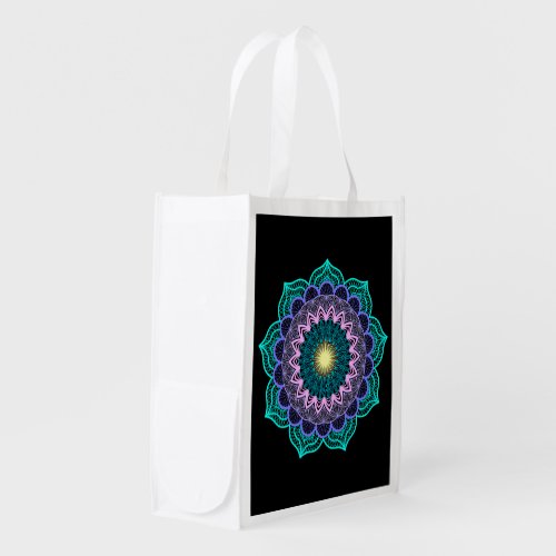 Colorful Mandala on Black Background Grocery Bag