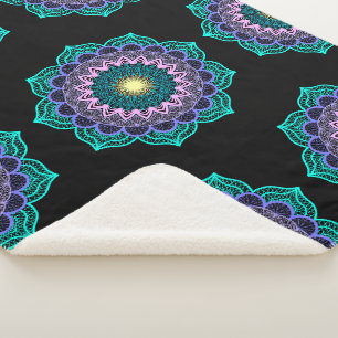 Colorful Mandala on Black Background Sherpa Blanket