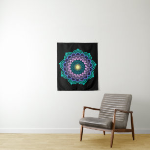 Colorful Mandala on Black Background Small Tapestry