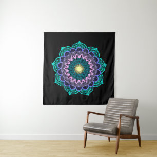 Colorful Mandala on Black Background Square Tapestry