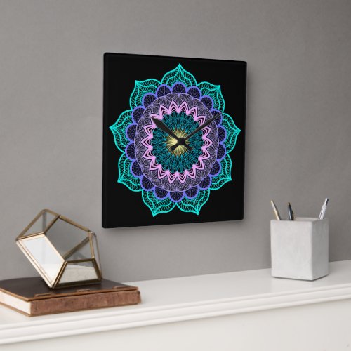 Colorful Mandala on Black Background Square Wall Clock
