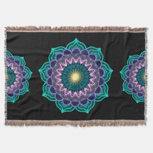 Colorful Mandala on Black Background Throw Blanket