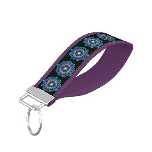 Colorful Mandala on Black Background Wrist Keychain