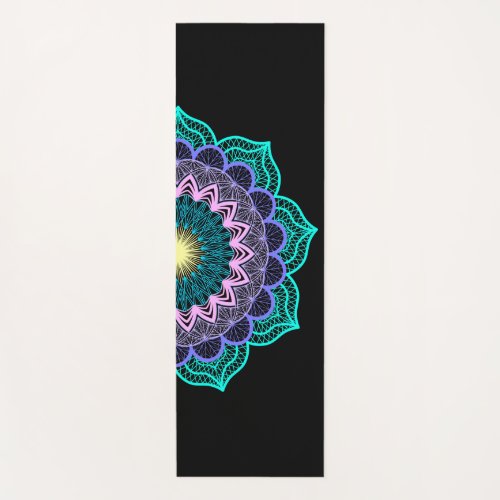 Colorful Mandala on Black Background Yoga Mat