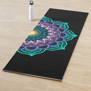 Colorful Mandala on Black Background Yoga Mat